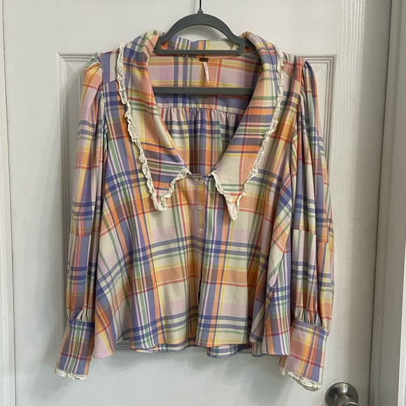 Free People Colorful Plaid Blouse with Lace Trim - Picture 1 of 8
